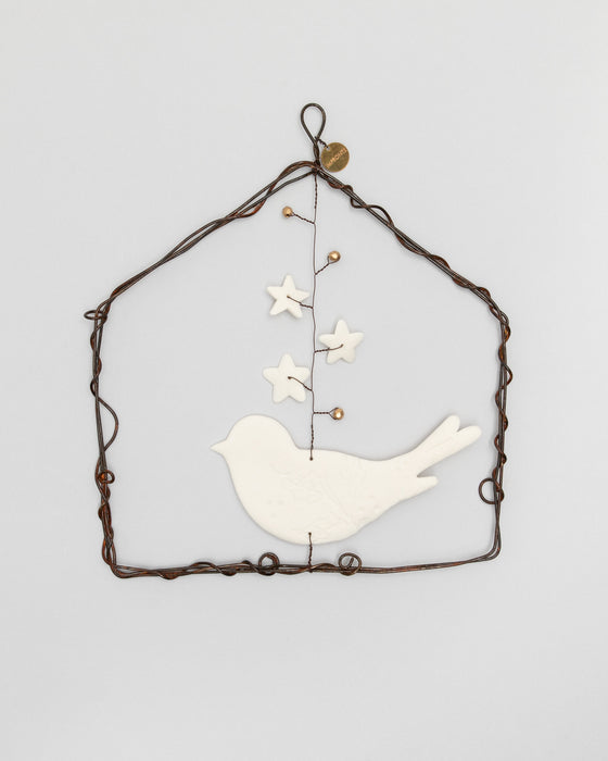 Decorazione in porcellana e ferro "Casetta" con uccellino (L)