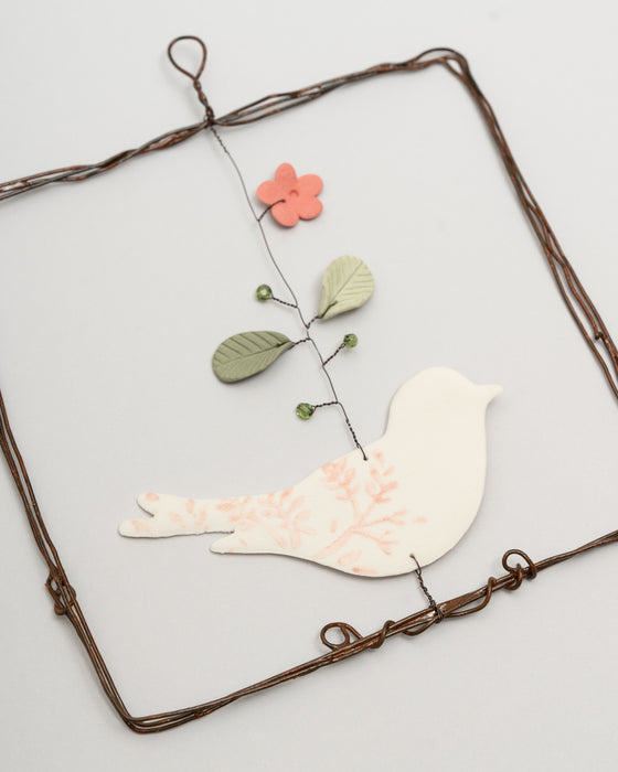 Decorazione in porcellana e ferro "Quadrato" con uccellino (L)